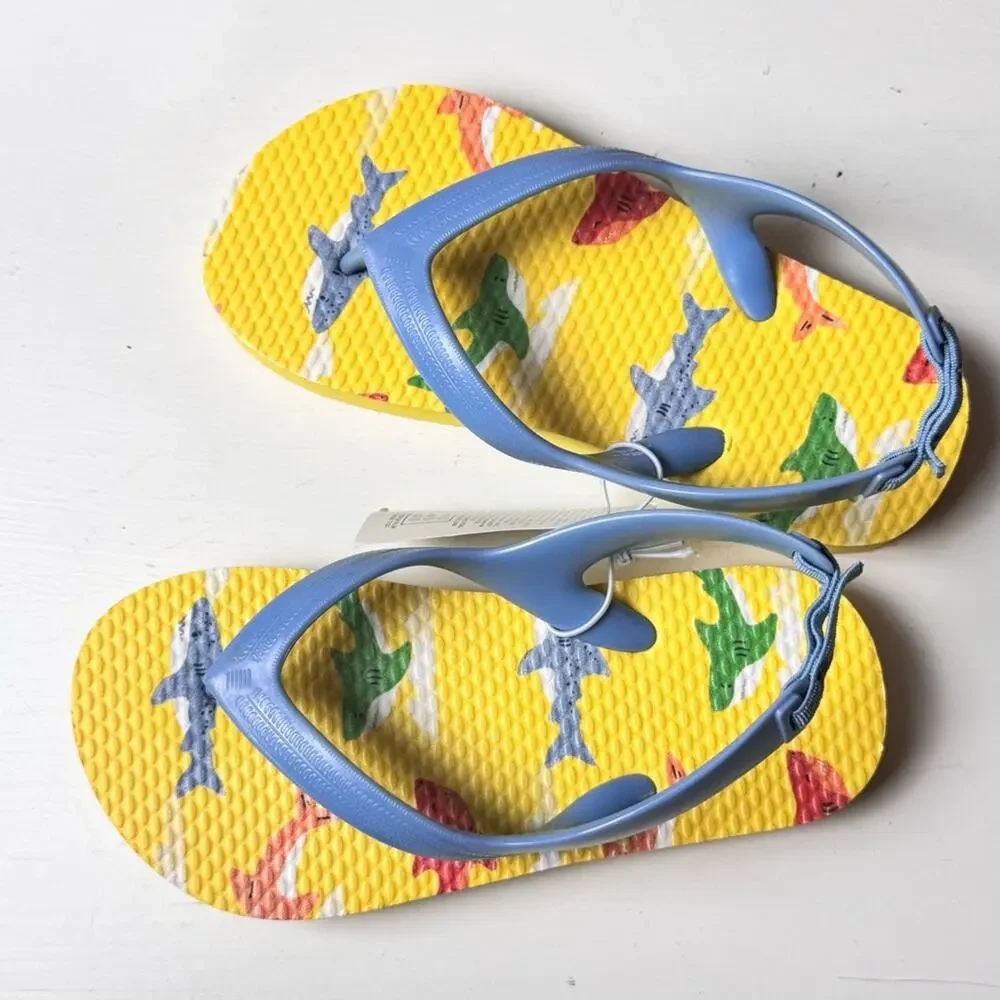 Kids Flip Flops with Shark Print - Blue and Yellow